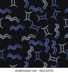 Seamless    pattern  of zodiac  motifs, doodles, objects, Aquarius and Gemini sign. Hand drawn.