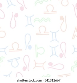 Seamless  pattern  of zodiac  motifs, doodles, objects, Gemini , Aquarius, Libra, Lion signs. Hand drawn.