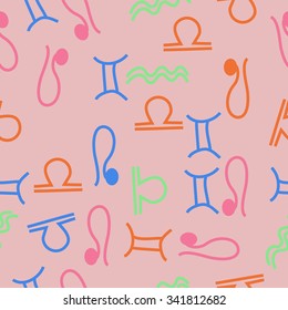 Seamless  pattern  of zodiac  motifs, doodles, objects, Gemini , Aquarius, Libra, Lion signs. Hand drawn.