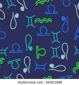 Seamless    pattern  of zodiac  motifs, doodles, objects,Gemini , Aquarius, Libra, Lion signs. Hand drawn.