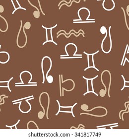 Seamless  pattern  of zodiac  motifs, doodles, objects,Gemini , Aquarius, Libra, Lion signs. Hand drawn.