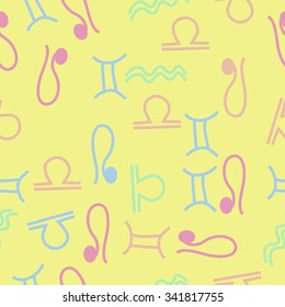 Seamless  pattern  of zodiac  motifs, doodles, objects,Gemini , Aquarius, Libra, Lion signs. Hand drawn.