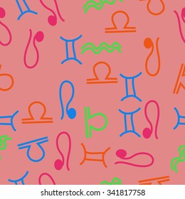 Seamless  pattern  of zodiac  motifs, doodles, objects, Gemini , Aquarius, Libra, Lion signs. Hand drawn.