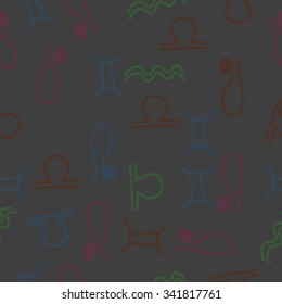 Seamless  pattern  of zodiac  motifs, doodles, objects,Gemini , Aquarius, Libra, Lion signs. Hand drawn.