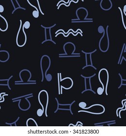 Seamless    pattern  of zodiac  motifs, doodles, objects,Gemini , Aquarius, Libra, Lion signs. Hand drawn.