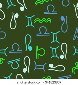 Seamless  pattern  of zodiac  motifs, doodles, objects,Gemini , Aquarius, Libra, Lion signs. Hand drawn.