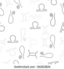 Seamless  pattern  of zodiac  motifs, doodles, objects,Gemini , Aquarius, Libra, Lion signs. Hand drawn.
