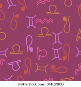 Seamless  pattern  of zodiac  motifs, doodles, objects,Gemini , Aquarius, Libra, Lion signs. Hand drawn.