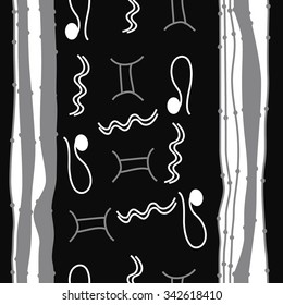 Seamless    pattern  of zodiac  motifs, doodles, objects, Aquarius, Gemini, Lion signs. Hand drawn.
