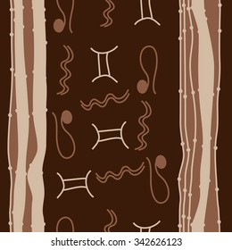 Seamless    pattern  of zodiac  motifs, doodles, objects, Aquarius, Gemini, Lion signs. Hand drawn.