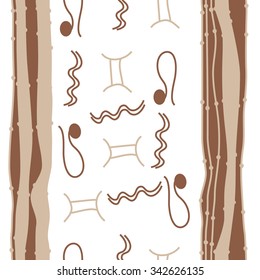 Seamless    pattern  of zodiac  motifs, doodles, objects, Aquarius, Gemini, Lion signs. Hand drawn.