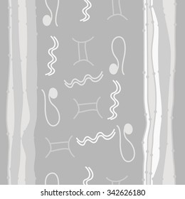 Seamless    pattern  of zodiac  motifs, doodles, objects, Aquarius, Gemini, Lion signs. Hand drawn.
