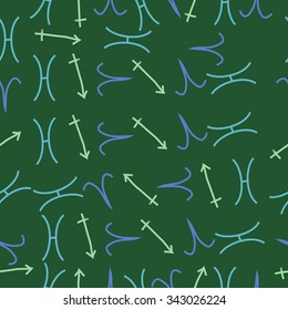Seamless    pattern  of zodiac  motifs, doodles, objects, Aries,Sagittarius,Pisces signs. Hand drawn.