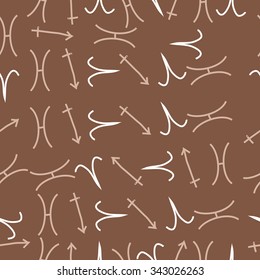 Seamless    pattern  of zodiac  motifs, doodles, objects, Aries,Sagittarius,Pisces signs. Hand drawn.