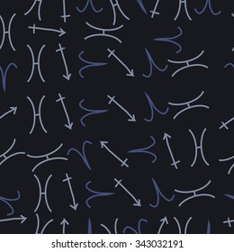 Seamless    pattern  of zodiac  motifs, doodles, objects, Aries,Sagittarius,Pisces signs. Hand drawn.