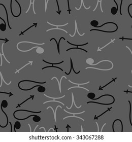 Seamless    pattern  of zodiac  motifs, doodles, objects, Aries,Sagittarius,Pisces, Lion signs. Hand drawn.