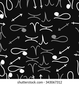 Seamless    pattern  of zodiac  motifs, doodles, objects, Aries,Sagittarius,Pisces, Lion signs. Hand drawn.