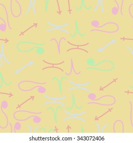 Seamless    pattern  of zodiac  motifs, doodles, objects, Aries,Sagittarius,Pisces, Lion signs. Hand drawn.