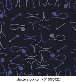 Seamless    pattern  of zodiac  motifs, doodles, objects, Aries,Sagittarius,Pisces, Lion signs. Hand drawn.