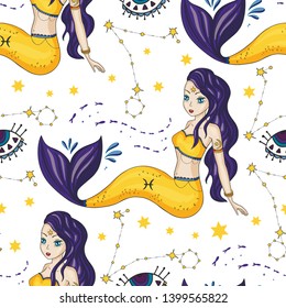 Seamless Pattern With Zodiac Pisces Girl Vector Sign. Cartoon astrology illustration. Horoscope drawing.