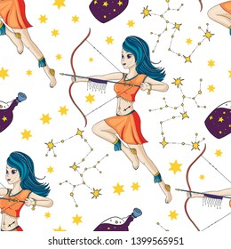 Seamless Pattern With Zodiac Sagittarius Girl Vector Sign. Cartoon astrology illustration. Horoscope drawing.