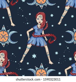 Seamless Pattern With Zodiac Scorpio Girl Vector Sign. Cartoon astrology illustration. Horoscope drawing.