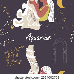 Seamless pattern zodiac sign Aquarius. Modern stylish female character, avatar of astrological horoscope. Blooming constellation ,twig, branch. Flat hand drawn graphic vector illustration.