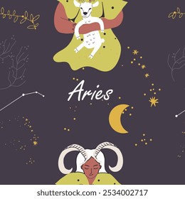 Sinal de zodíaco de padrão contínuo Aries. Personagem feminina elegante moderno, avatar do horóscopo astrológico. Constelação florescente, galho, galho. Ilustração vetorial gráfica desenhada à mão plana.