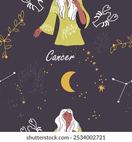 Seamless pattern zodiac sign Cancer. Modern stylish female character, avatar of astrological horoscope. Blooming constellation ,twig, branch. Flat hand drawn graphic vector illustration.
