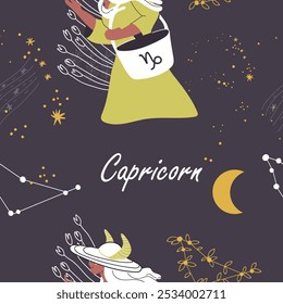 Seamless pattern zodiac sign Capricorn. Modern stylish female character, avatar of astrological horoscope. Blooming constellation ,twig, branch. Flat hand drawn graphic vector illustration.