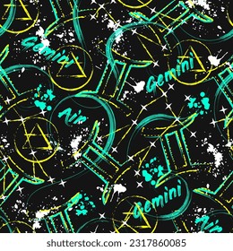 Seamless pattern with zodiac sign Gemini, constellation, text, paint splatter, brush strokes, alchemical triangle symbol of air element Grunge style for sport goods, prints, clothing, t shirt design