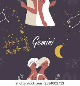 Seamless pattern zodiac sign Gemini. Modern stylish female character, avatar of astrological horoscope. Blooming constellation ,twig, branch. Flat hand drawn graphic vector illustration.