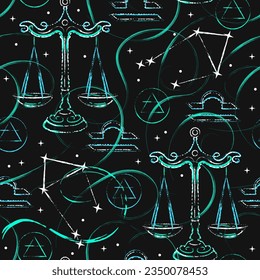 Seamless pattern with zodiac sign Libra, constellation, neon paint brush strokes, alchemical triangle symbol of air element Grunge style for sport goods, prints, clothing, surface design