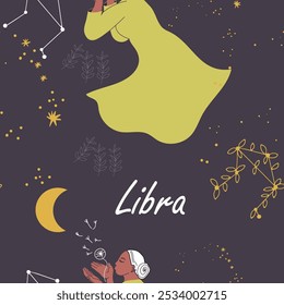 Seamless pattern zodiac sign Libra. Modern stylish female character, avatar of astrological horoscope. Blooming constellation ,twig, branch. Flat hand drawn graphic vector illustration.