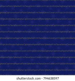 Seamless pattern with Zodiac sign linear inscriptions, vector illustration on the blue starry background