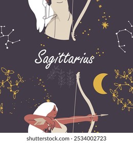 Seamless pattern zodiac sign Sagittarius. Modern stylish female character, avatar of astrological horoscope. Blooming constellation ,twig, branch. Flat hand drawn graphic vector illustration.