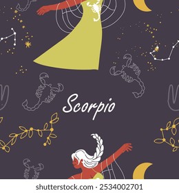Seamless pattern zodiac sign Scorpio. Modern stylish female character, avatar of astrological horoscope. Blooming constellation ,twig, branch. Flat hand drawn graphic vector illustration.