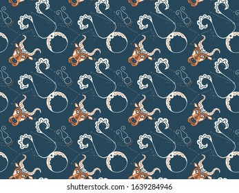 Seamless pattern for the zodiac sign Taurus. Hand-drawn vintage astrological symbols. Ornamental heads of bulls, constellations and pictograms. For fabric, textile, clothing, wrapping paper. Vector.