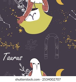 Sinal zodíaco padrão sem emenda Taurus. Personagem feminina elegante moderno, avatar do horóscopo astrológico. Constelação florescente, galho, galho. Ilustração vetorial gráfica desenhada à mão plana.