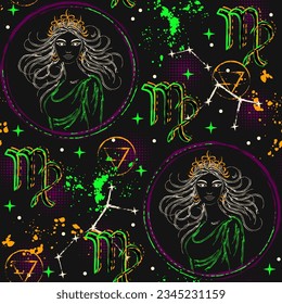 Seamless pattern with zodiac sign Virgo, young beautiful indian woman, constellation, paint splatter, brush strokes, stars. Grunge style for sport goods, prints, clothing, t shirt design