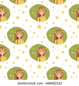Seamless pattern with zodiac sign Virgo. Vector illustration. Astrology. Design for packaging, calendar, fabric