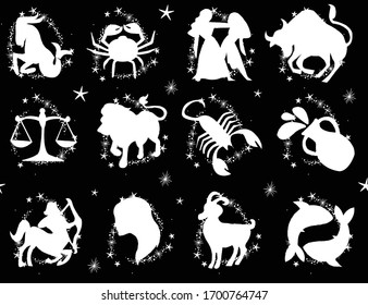 
Seamless pattern with zodiac signs. Background for textile, fabric, wrapping paper, stationery, socks, web.