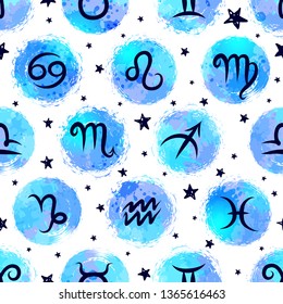 Patrón transparente con signos de zodiaco. Se puede utilizar en el embalaje de papel, tela, fondo para diferentes imágenes, etc. Dibujo a mano libre