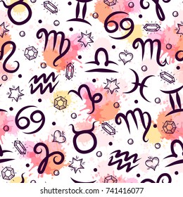 Seamless pattern with zodiac signs. Can be used on packaging paper, fabric, background for different images, etc. Freehand drawing