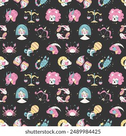 Seamless pattern with zodiac signs. Cartoon flat icons in pastel colors on black background. Vector ornament