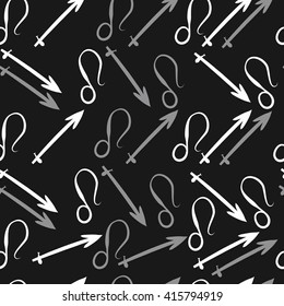Seamless  pattern of zodiac signs, doodles, object,sagittarius,lions. Hand drawn.