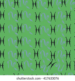 Seamless  pattern of zodiac signs, doodles, object,pisces,capricorn. Hand drawn.