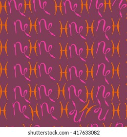 Seamless  pattern of zodiac signs, doodles, object,pisces,capricorn. Hand drawn.