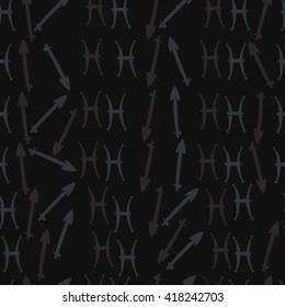 Seamless pattern of zodiac signs, doodles, object,pisces,sagittarius. Hand drawn.