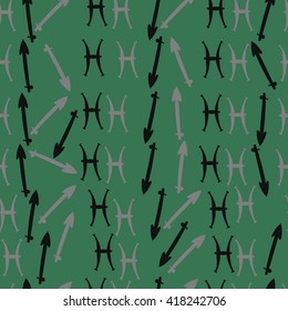 Seamless pattern of zodiac signs, doodles, object,pisces,sagittarius. Hand drawn.